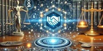 A futuristic digital illustration of smart contracts, featuring a glowing contract icon embedded within a blockchain. Interconnected nodes with vibrant data flows symbolize automation and security, complemented by scales of justice and a handshake to signify trust and legal implications. The background is sleek with blue and silver tones, representing technological innovation.