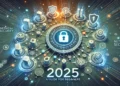 Network Security Guide: Illustration for "What is Network Security? A Guide for Beginners in 2025," featuring a vibrant lock icon, interconnected digital nodes, and shields symbolizing data protection.