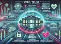 Real-World Applications of Zero Trust Architecture: A digital illustration of real-world applications of Zero Trust Architecture, showing remote workers securely accessing networks, segmented financial transactions, and protected healthcare data with advanced security tools.