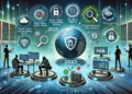 Top Network Vulnerability Assessment Tools in 2025: A comparison of network vulnerability assessment tools for 2025, featuring Nessus, Qualys, and OpenVAS scanning a network. Icons represent real-time alerts, compliance checks, and asset discovery, set against a futuristic background with vibrant blue and green tones.