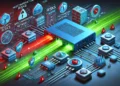 Challenges and Limitations of Firewalls: A visualization of a firewall filtering data traffic, with green packets representing allowed traffic and red packets symbolizing blocked traffic. Surrounding the firewall are icons for misconfiguration risks, network latency, and Intrusion Detection Systems (IDS). The color scheme features shades of blue for security and neon red for vulnerabilities.