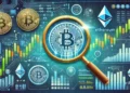 Analyzing Cryptocurrency Prices: An illustration depicting cryptocurrency price analysis for smarter investments, featuring Bitcoin and Ethereum symbols, candlestick charts, market data under a magnifying glass, and trading tools with a blockchain-inspired background.