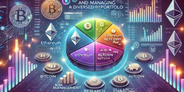 Diversified Crypto Portfolio: Illustration of a diversified crypto portfolio with a digital dashboard showing Bitcoin, Ethereum, altcoins, and stablecoins, alongside performance metrics and financial tools.